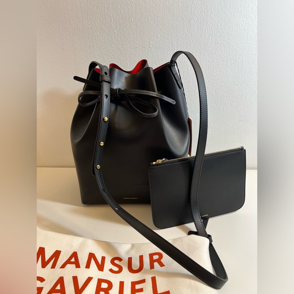 Mansur Gavriel Black Bucket Crossbody with Red Interior
